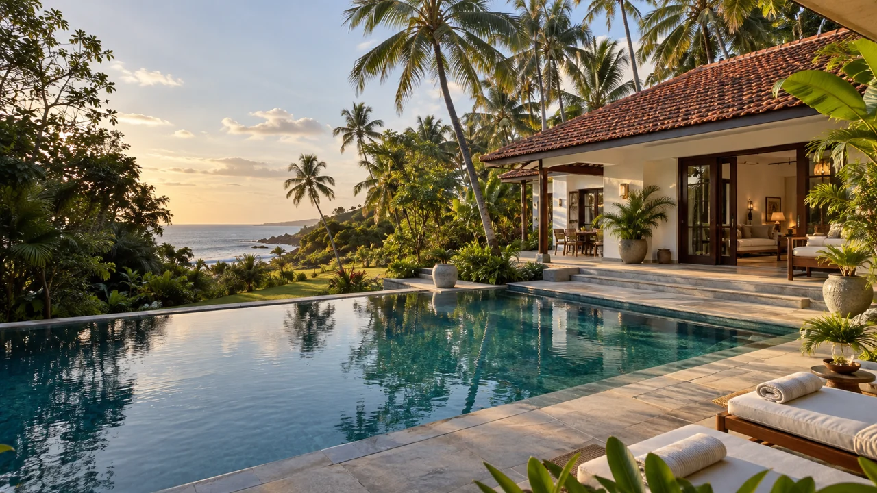 Illustrative coastal villa, palm gardens and a pool in warm evening light