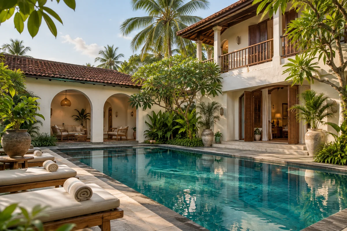 Illustrative boutique hotel courtyard with tropical gardens and a swimming pool