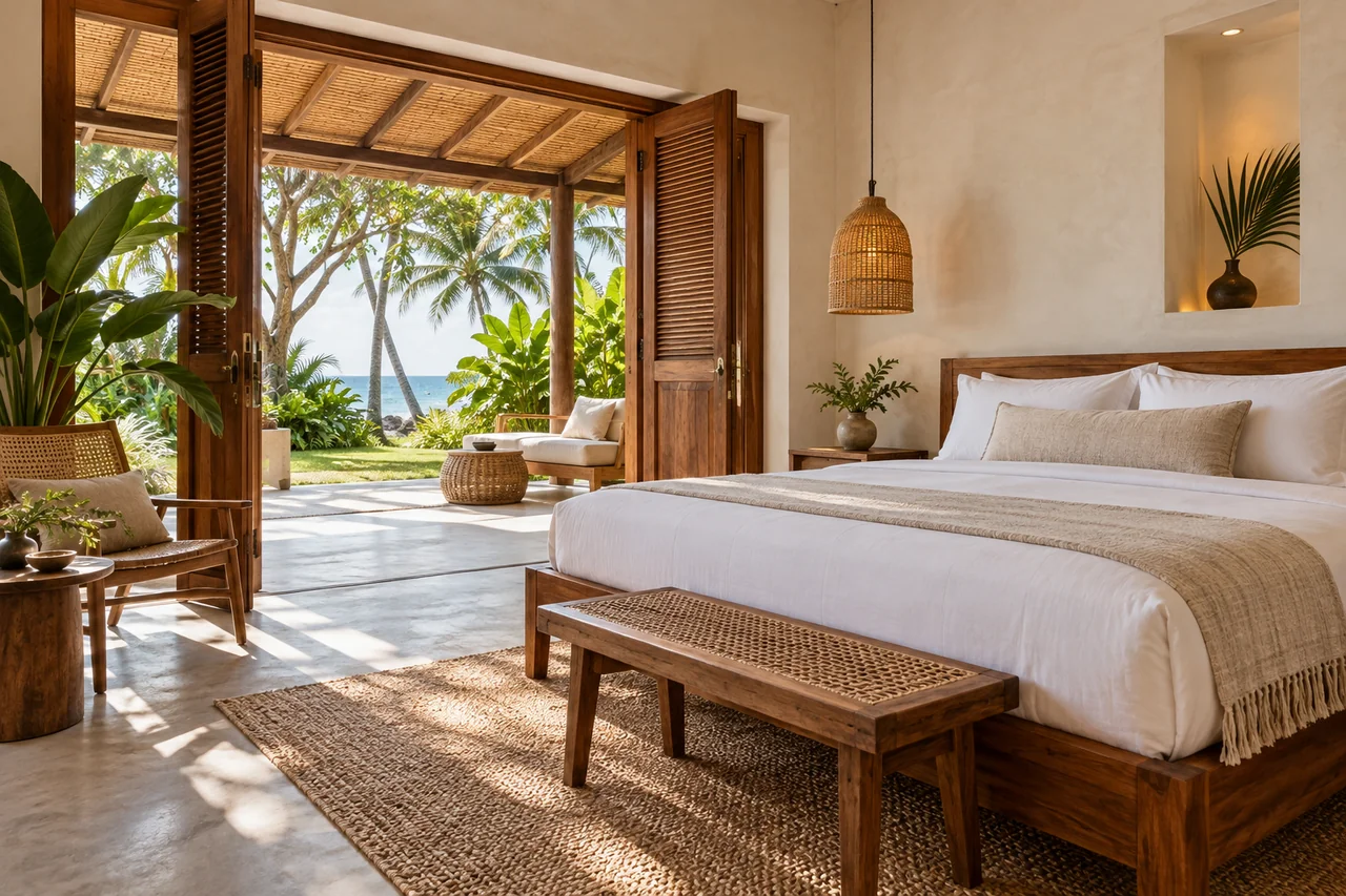 Illustrative Sri Lankan villa bedroom opening onto a tropical veranda